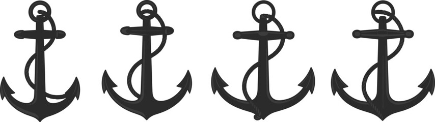 Set of vintage anchor silhouettes vector illustration, nautical marine symbols for sea travel, sailor, navy, ship and ocean adventure themed design
