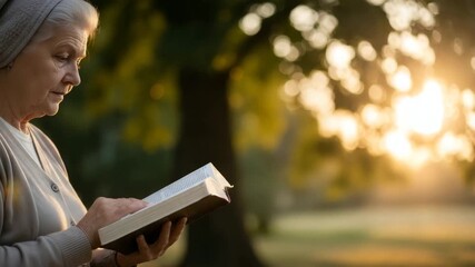 A senior woman reads the holy bible in a park at sunset. Elderly person contemplating scripture with faith and hope. Spirituality concept with copy space - Powered by Adobe