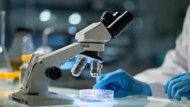 Lab technician analyzing citrus leaf samples under a microscope to identify bacterial infections in a modern laboratory.