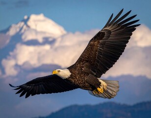 Obraz premium Bald eagle soaring through the sky with wings spread wide over a mountain landscape
