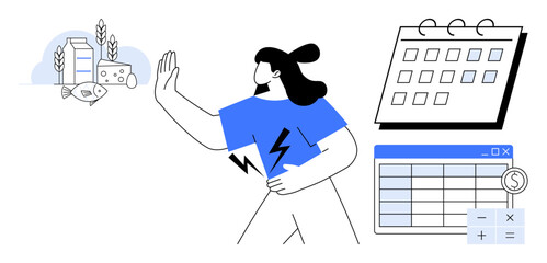 Woman refusing various food products with raised hand, lightning bolt symbol on shirt, calendar, spreadsheet with financial calculation. Ideal for health, dietary planning, budgeting, nutrition