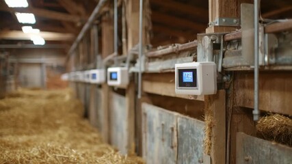 Medium shot capturing temperature regulation devices inside a barn ensuring stable warmth during cold seasons.