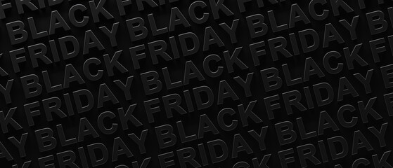 Repeating pattern of Black Friday text with dark shadows on black background. 3d render graphic of Black Friday text. Dark shadowy Black Friday sales, announcement, or advertisement for Black Friday.