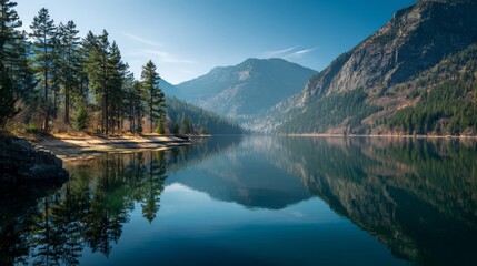 Naklejka premium Tranquil morning at a serene lake surrounded by mountains and pine trees in a peaceful natural setting