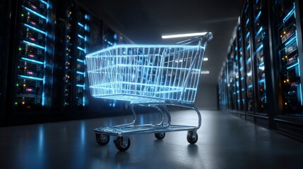 Shopping Cart in Data Center with Servers and Blue Lights Concept
