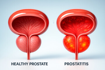 Medical 3D illustration comparing a normal prostate with one affected by prostatitis, showing swelling, inflammation, and infection symptoms.
