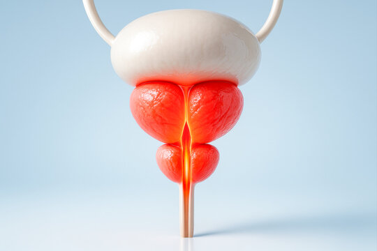 High-detail 3D rendering of male urinary system showing an inflamed prostate gland affected by prostatitis beneath the bladder and around the urethra.
