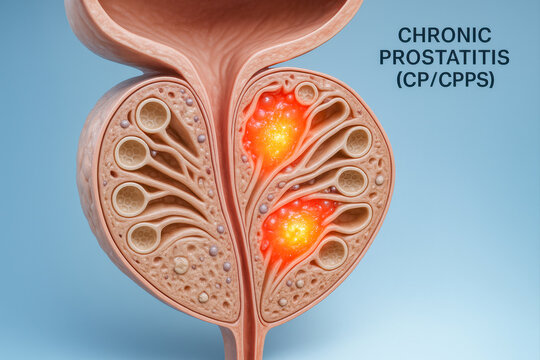 High-detail 3D medical illustration of chronic prostatitis (CP/CPPS), showing inflamed glandular structures and infection zones inside the prostate.
