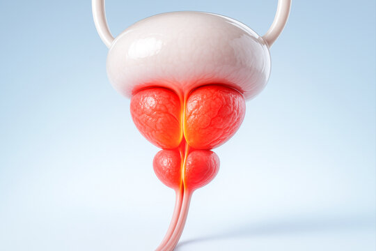 3D medical illustration showing male urinary system with inflamed prostate and bladder, depicting symptoms of prostatitis and discomfort.
