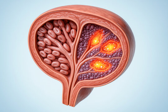 Detailed 3D cross-section of the human prostate showing acute prostatitis, highlighting inflamed tissue, glandular swelling, and infection zones.
