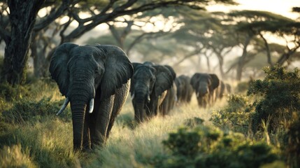 Fototapeta premium In the wild: elephants amidst the serengeti grasslands. Studio portrait. Majestic procession: elephant herds in tarangire's sun-drenched terrain. Modern design. Concept art.