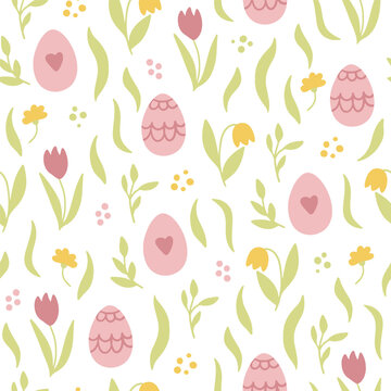 Colorful Easter bunny with eggs and flowers. Easter basket with eggs and sheep. Easter parity and pattern. Easter background for postcard, banner.	