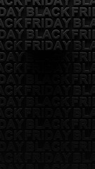 Repeating pattern of Black Friday text with dark shadows on black background. 3d render graphic of Black Friday text. Dark shadowy Black Friday sales, announcement, or advertisement for Black Friday.