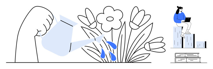 Hand pouring water on blooming flowers, symbolizing growth and care. Woman working on laptop atop books, reflecting education, creativity, development. Ideal for education, growth, nurturing