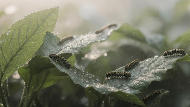 Caterpillars feasting on leaves in a garden, natures cycle.