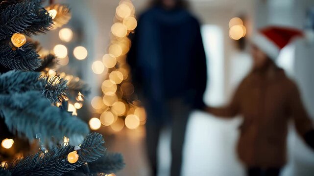 Decorated Christmas tree with bokeh lights and blurred family walking. Festive background for Happy New Year celebration and winter holiday.