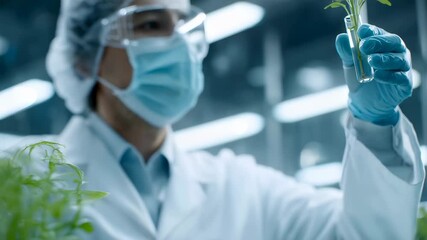 Scientist holding flask with plant. Biotechnology specialist examining genetic modification for agriculture. Environmental science concept. - Powered by Adobe