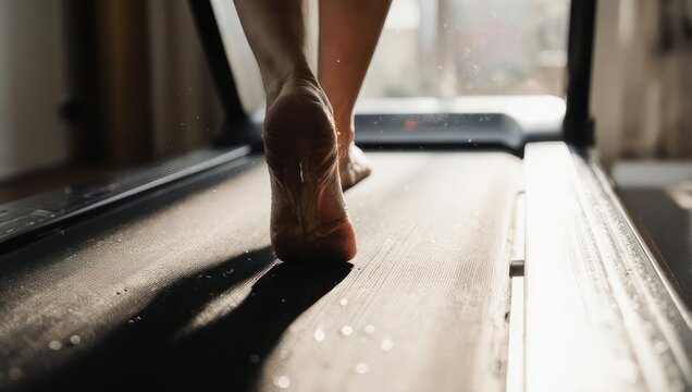 Close-up of a persons feet walking on a treadmill in a gym.