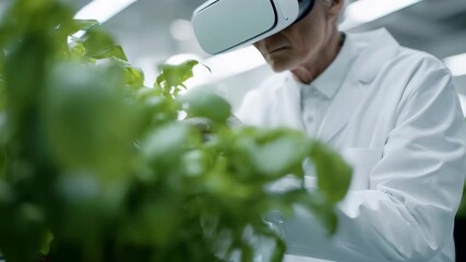 Man in white coat using vr headset to inspect plant growth. Plant researcher with virtual reality gadget for agricultural innovation. - Powered by Adobe