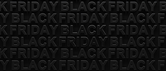 Fototapeta na wymiar Repeating pattern of Black Friday text with dark shadows on black background. 3d render graphic of pop out Black Friday text. Dark shadowy Black Friday sales, or advertisement for Black Friday.