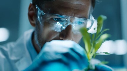Man scientist looking closely at plant in laboratory for genetic engineering research. Biotech and agriculture innovation concept. - Powered by Adobe