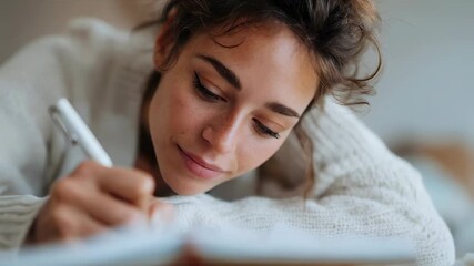 Young woman writing diary. Happy girl making notes. Planning daily tasks, gratitude journaling, and documenting memories at home.