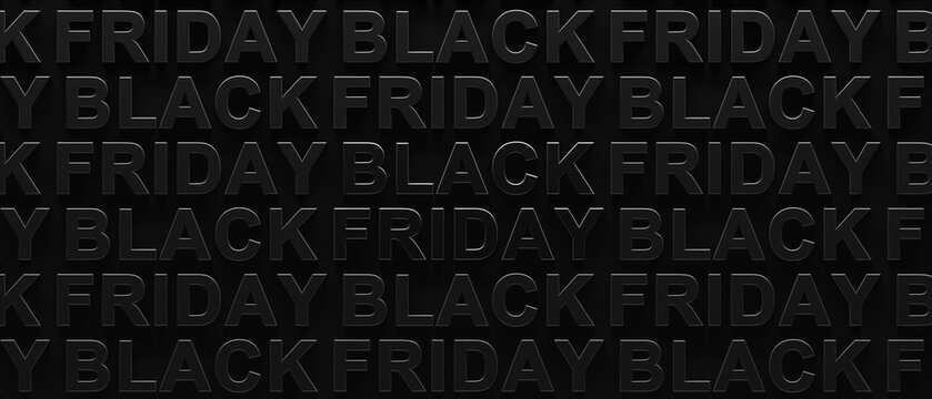 Repeating pattern of Black Friday text with dark shadows on black background. 3d render graphic of pop out Black Friday text. Dark shadowy Black Friday sales, or advertisement for Black Friday.