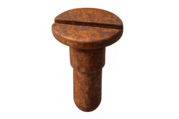 Rusty metal screw with a flat head, showing corrosion and degradation on old hardware, isolated on transparent background