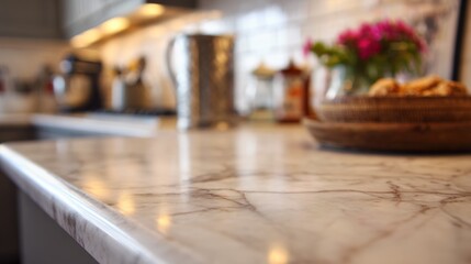 Kitchen countertop with marble finish and warm lighting, featuring flowers and cookies