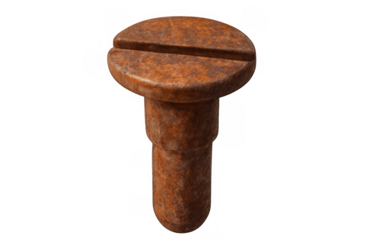 Rusty metal screw with a flat head, showing corrosion and degradation on old hardware, isolated on transparent background