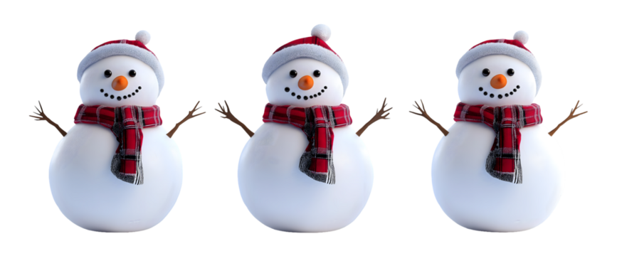 Three Identical Snowmen with Plaid Scarves and Winter Hats on Transparent Background"