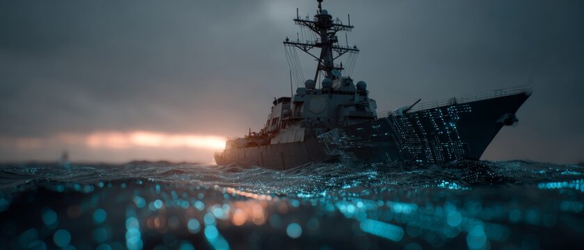 Epic navy destroyer launching missile amidst troubled waters. Human robot. Warship in action: missile emerges from vessel on high-stakes military mission. Machine learning. Ai evolution. - Powered by Adobe