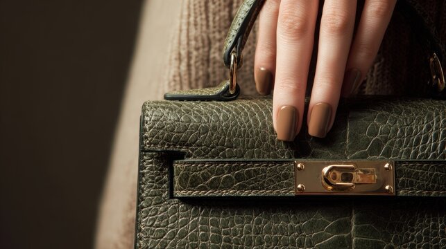 Elegant green handbag held by a perfectly manicured hand in a stylish setting during an upscale fashion event