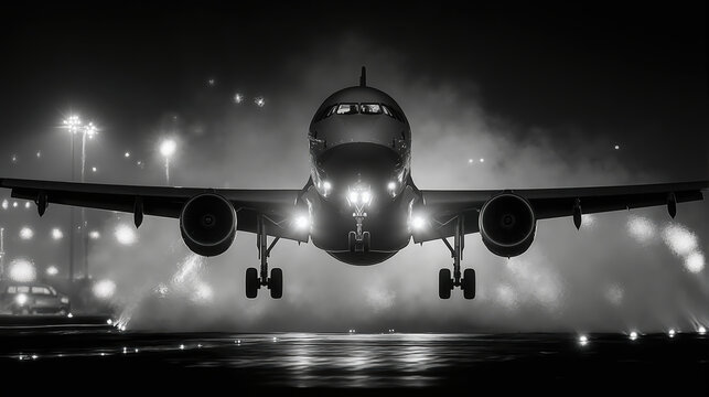 Monochrome nighttime airplane landing with runway lights and smoke effects