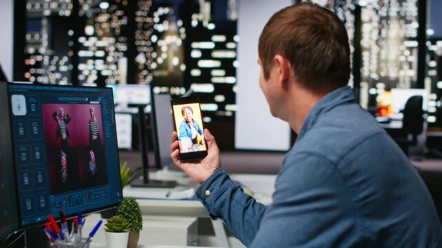 Young man photographer retouching content and scrolling on social media to see images, comparing light and color correction technique. Skilled editor generating AI powered creative photos. Camera B.