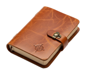 Travel journal for adventurers home office of brown leather notebook isolated on transparent background