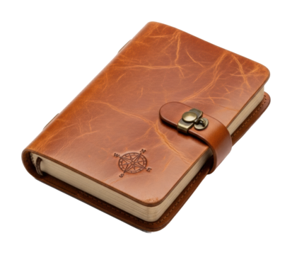 Travel journal for adventurers home office of brown leather notebook isolated on transparent background