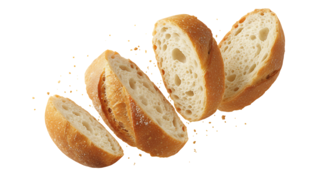 Four golden-brown baguette slices floating with crumbs against a clean white background, showcasing their crispy crust and airy interior.