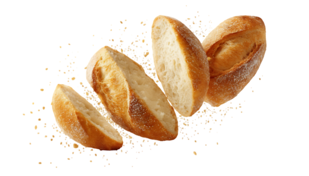 Slices of bread floating in the air on a white background. - Powered by Adobe