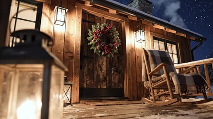 Cozy Cabin Entrance at Night with Snow and Lantern. - Powered by Adobe