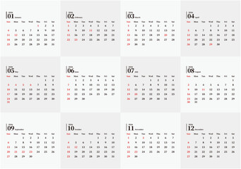 2026年のシンプルな月間カレンダー 12ヶ月セット