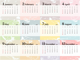 2026年のカラフルなマーブル模様の月間カレンダー 12ヶ月セット