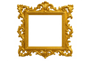Ornate gold picture frame with rococo style decor and elegant antique details, creating a luxurious border on transparent background