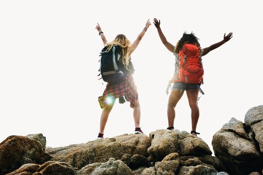 Backpacker friends traveling together image element