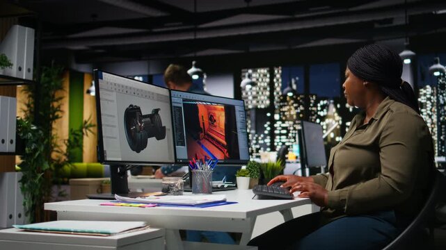 Female developer creates Mars based virtual station using AI tech. Futuristic program processing data with machine learning and automation to optimize game design and development. Camera A.