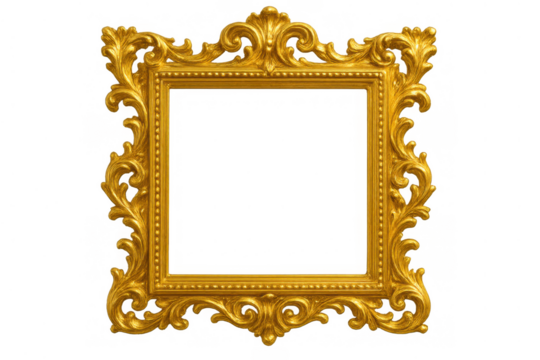 Ornate gold picture frame with rococo style decor and elegant antique details, creating a luxurious border on transparent background