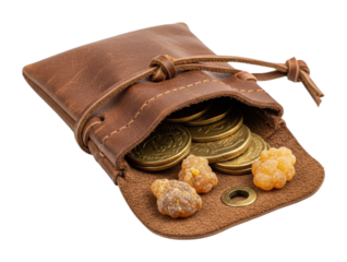 Treasure discovery coins and gems in leather pouch isolated on transparent background