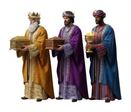 Three wise men present gifts nativity scene digital isolated on transparent background - Powered by Adobe