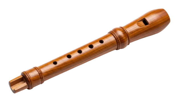 Playing melodies on a wooden recorder home music instrument isolated on transparent background