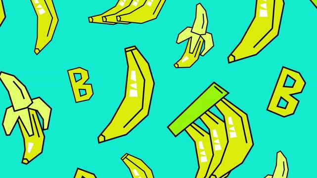 Stylized bananas and letter B scattered on turquoise background. Includes whole, peeled, and bunch forms. Ideal for kids&rsquo; decor, packaging, textiles, and fruit-themed educational visuals.